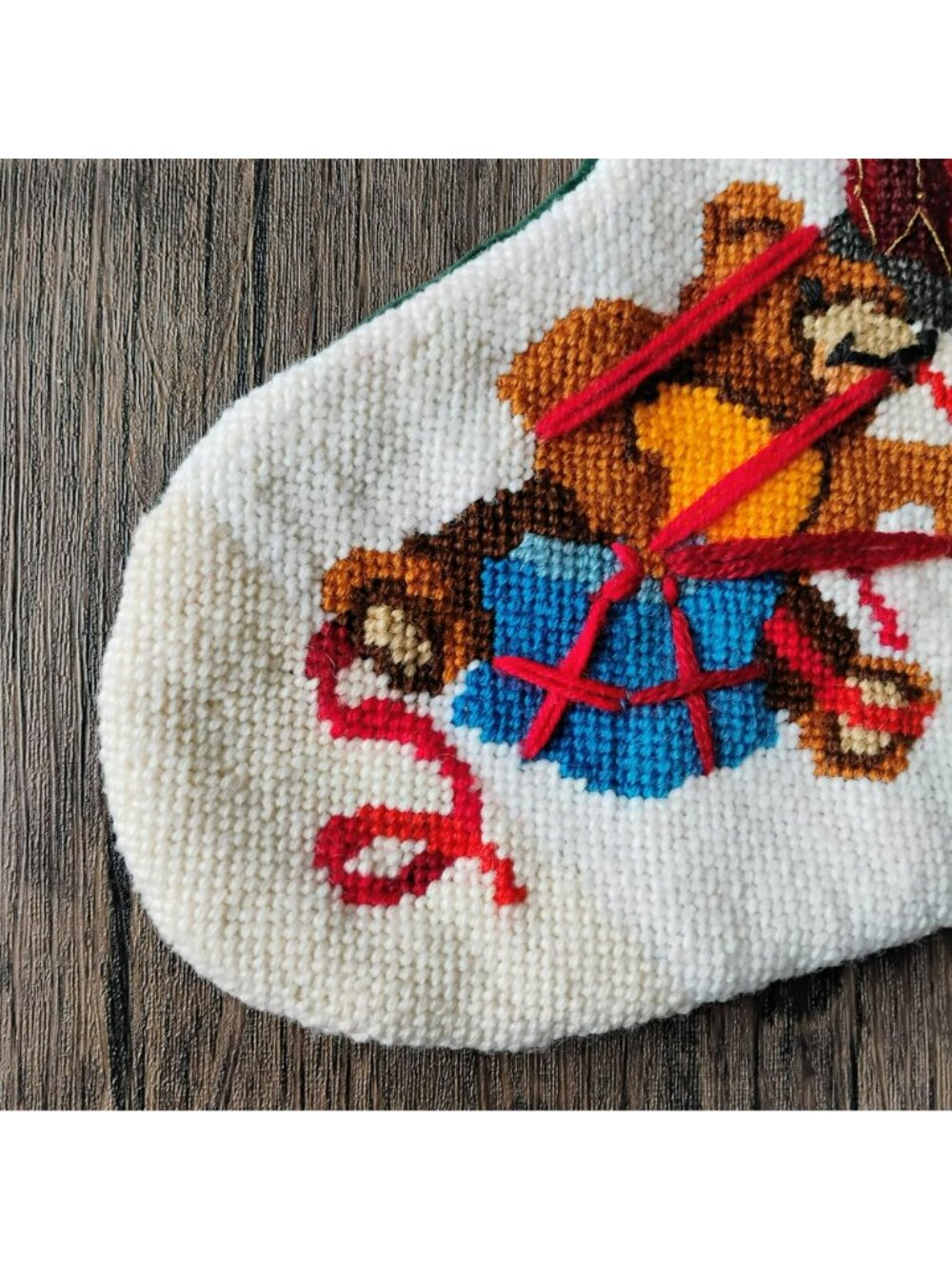 Vintage Handmade Needlepoint Christmas Stockings Set Of 2 Santa & Bear Trimming - Picture 11 of 11